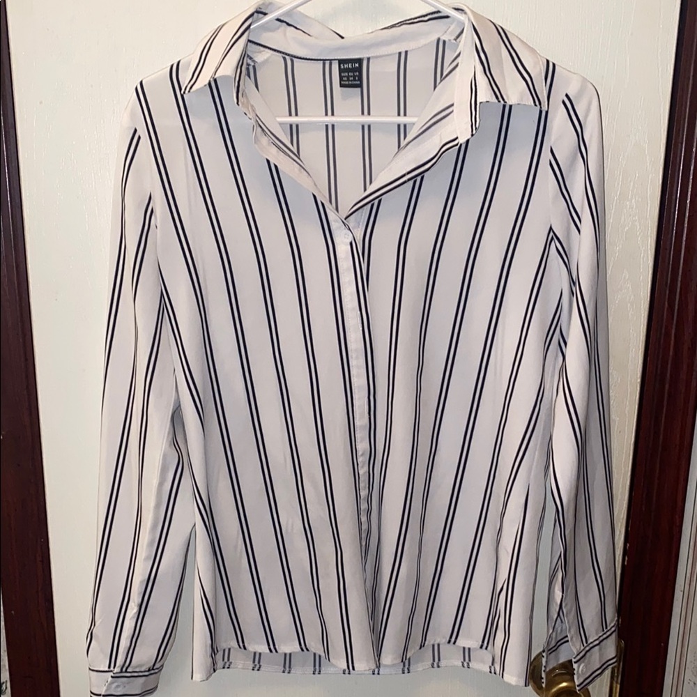 White and Black Striped Button-Up Shirt